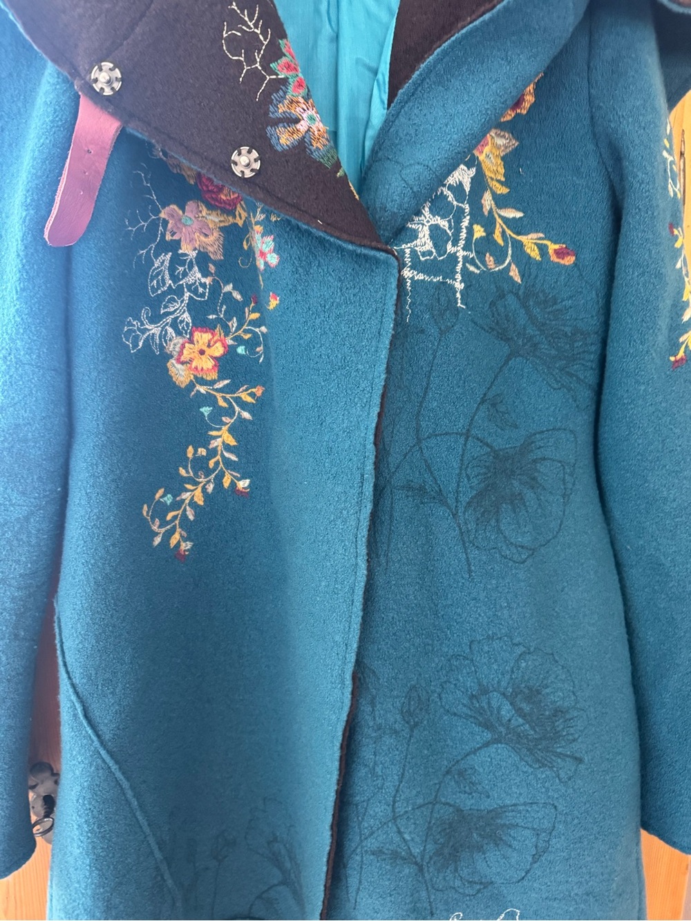 IVKO Teal Embroidered Hooded Wool Trench Coat - Picture 3 of 11